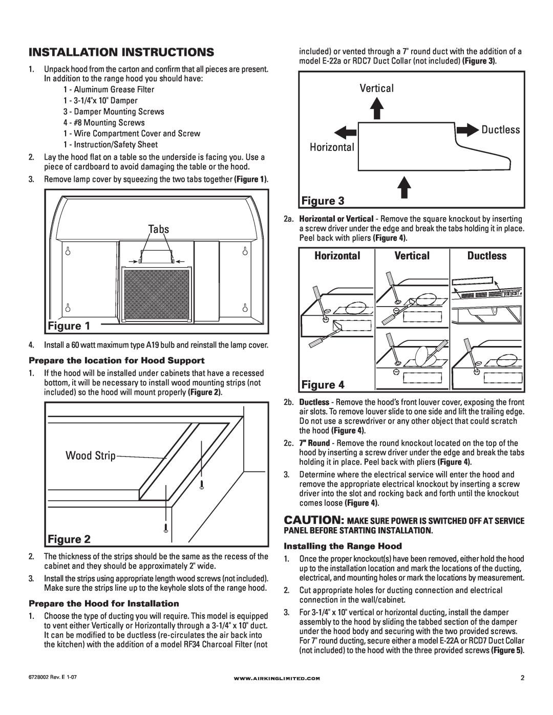 Air King Ventilation Hood manual Installation Instructions, Tabs, Vertical, Horizontal, Wood Strip, Ductless 