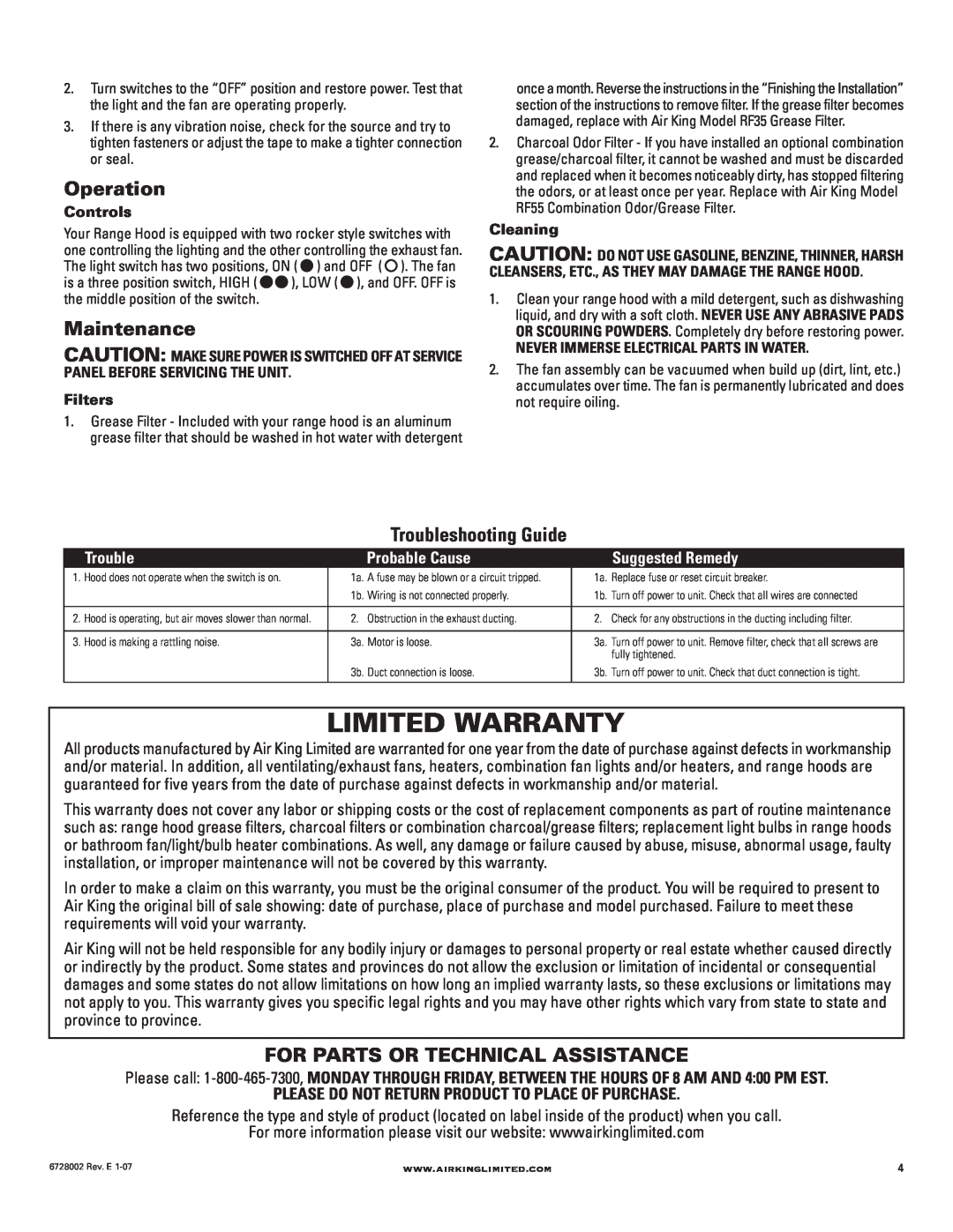 Air King Ventilation Hood manual Limited Warranty, Operation, Maintenance, Troubleshooting Guide, Probable Cause 