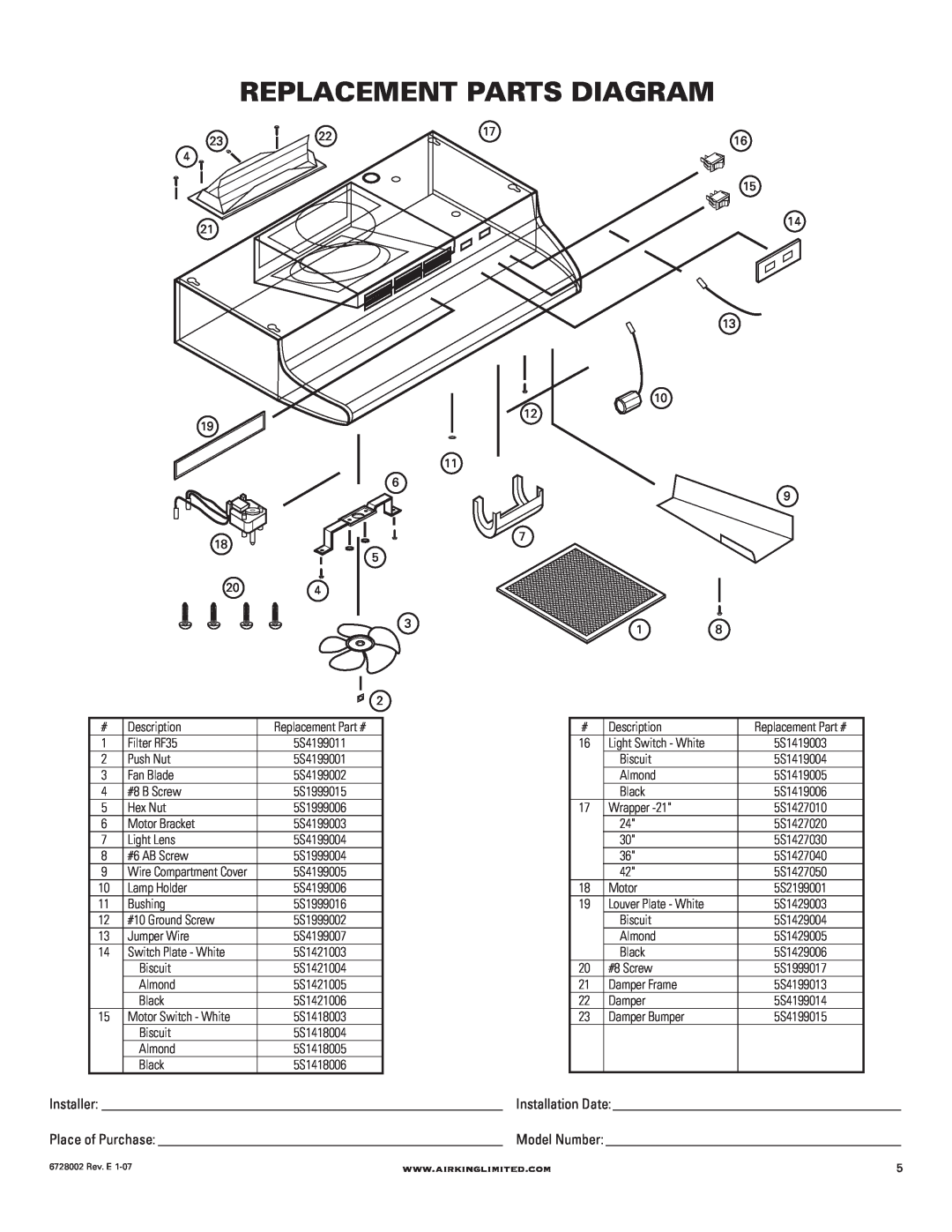 Air King Ventilation Hood manual Replacement Parts Diagram 