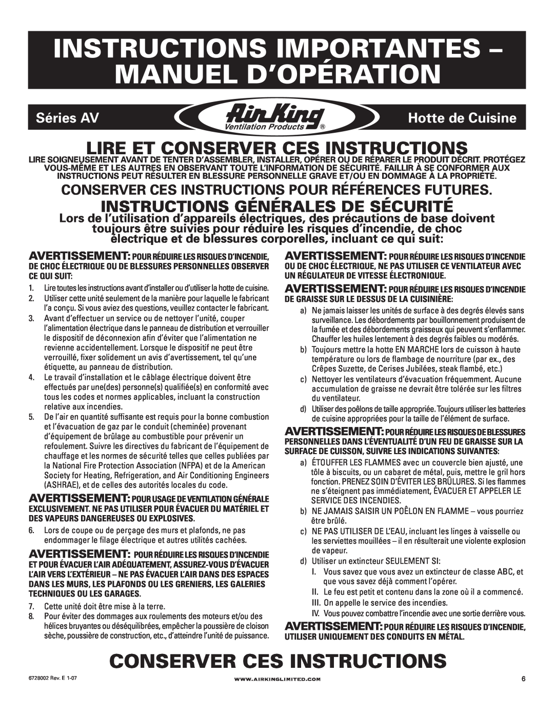 Air King Ventilation Hood manual Instructions Importantes Manuel D’Opération, Conserver Ces Instructions, Séries AV 
