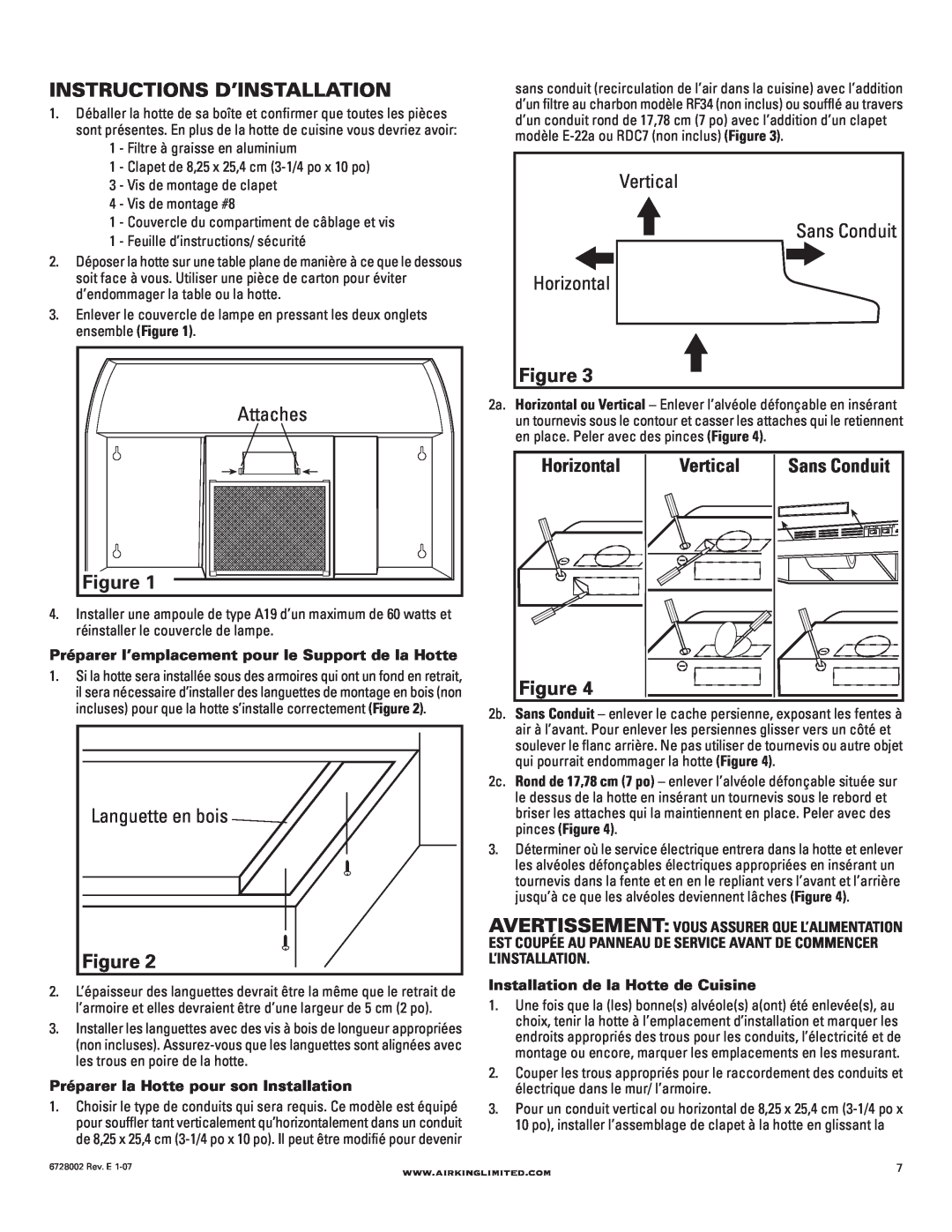 Air King Ventilation Hood Instructions D’Installation, Attaches, Languette en bois, Vertical, Sans Conduit, Horizontal 