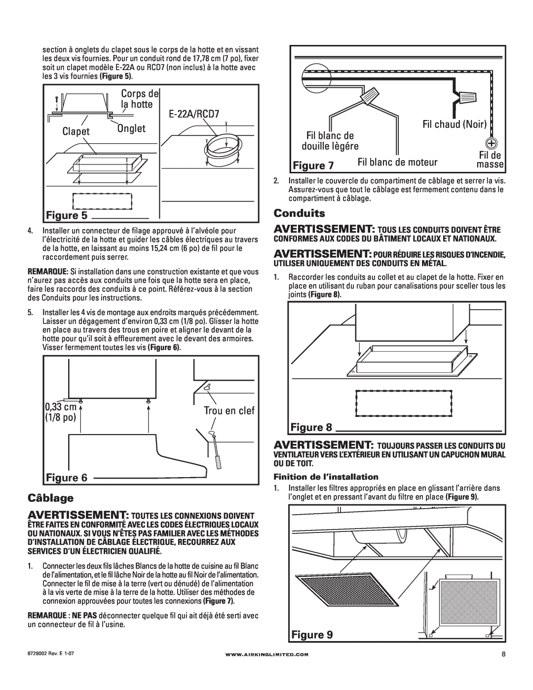Air King Ventilation Hood manual Onglet, Câblage, Conduits, Corps de, la hotte, Clapet, 0,33 cm, 1/8 po, Fil chaud Noir 