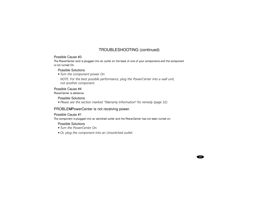 Air Monster Manufacturing 3600 manual Troubleshooting, Problem PowerCenter is not receiving power 