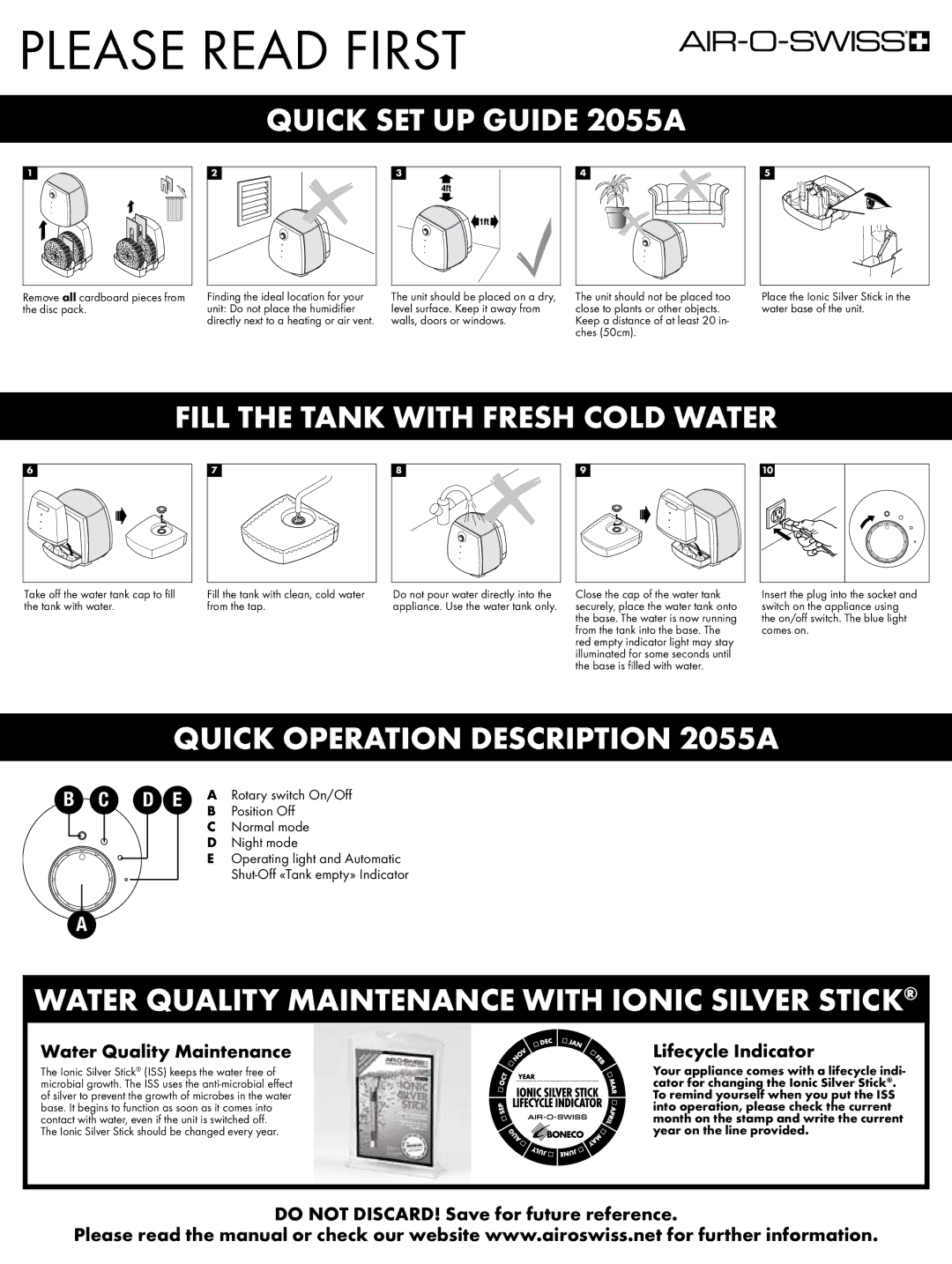 Air-O-Swiss setup guide Please Read First, Quick SET UP Guide 2055A, Fill the Tank with Fresh Cold Water 