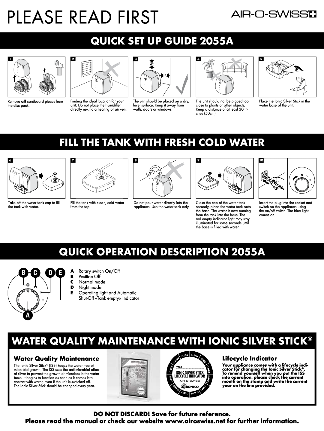 Air-O-Swiss setup guide Please Read First, QUICK SET UP GUIDE 2055A, Fill The Tank With Fresh Cold Water, Position Off 