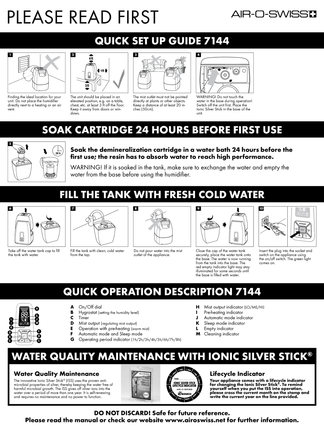 Air-O-Swiss 7144 setup guide Please Read First, Quick SET UP Guide, Soak Cartridge 24 Hours Before First USE 