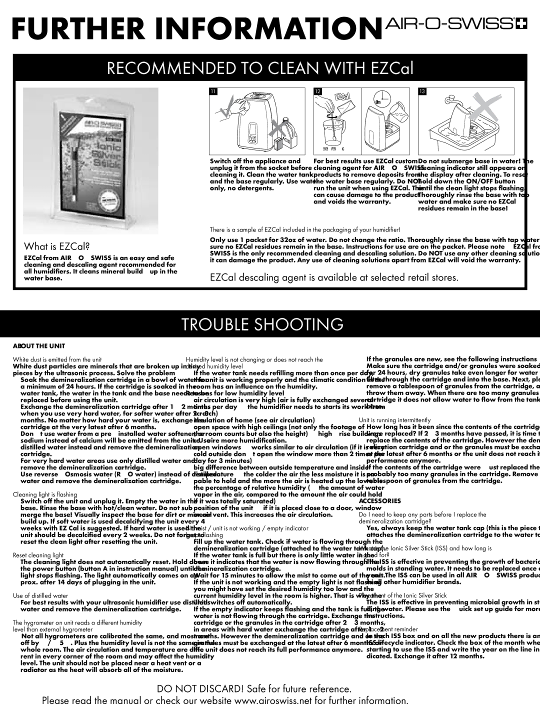 Air-O-Swiss 7144 setup guide Further Information, Trouble Shooting, What is EZCal? 