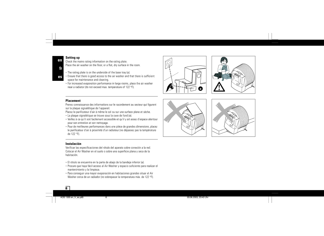 Air-O-Swiss AOS 1355N manual Setting up, Placement, Instalación 