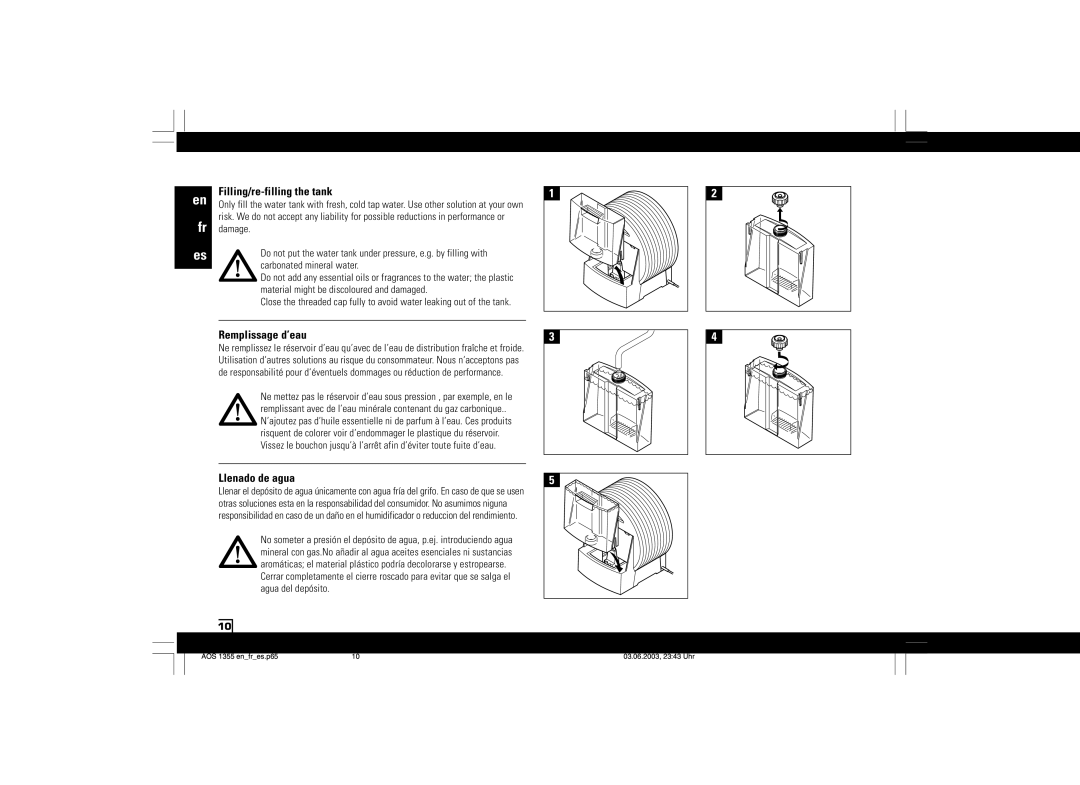 Air-O-Swiss AOS 1355N manual Filling/re-filling the tank, Remplissage d’eau, Llenado de agua 