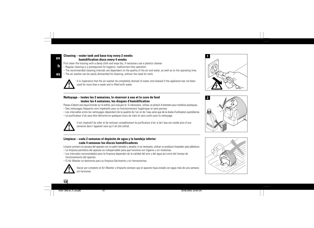Air-O-Swiss AOS 1355N manual Cleaning water tank and base tray every 2 weeks, Humidification discs every 4 weeks 
