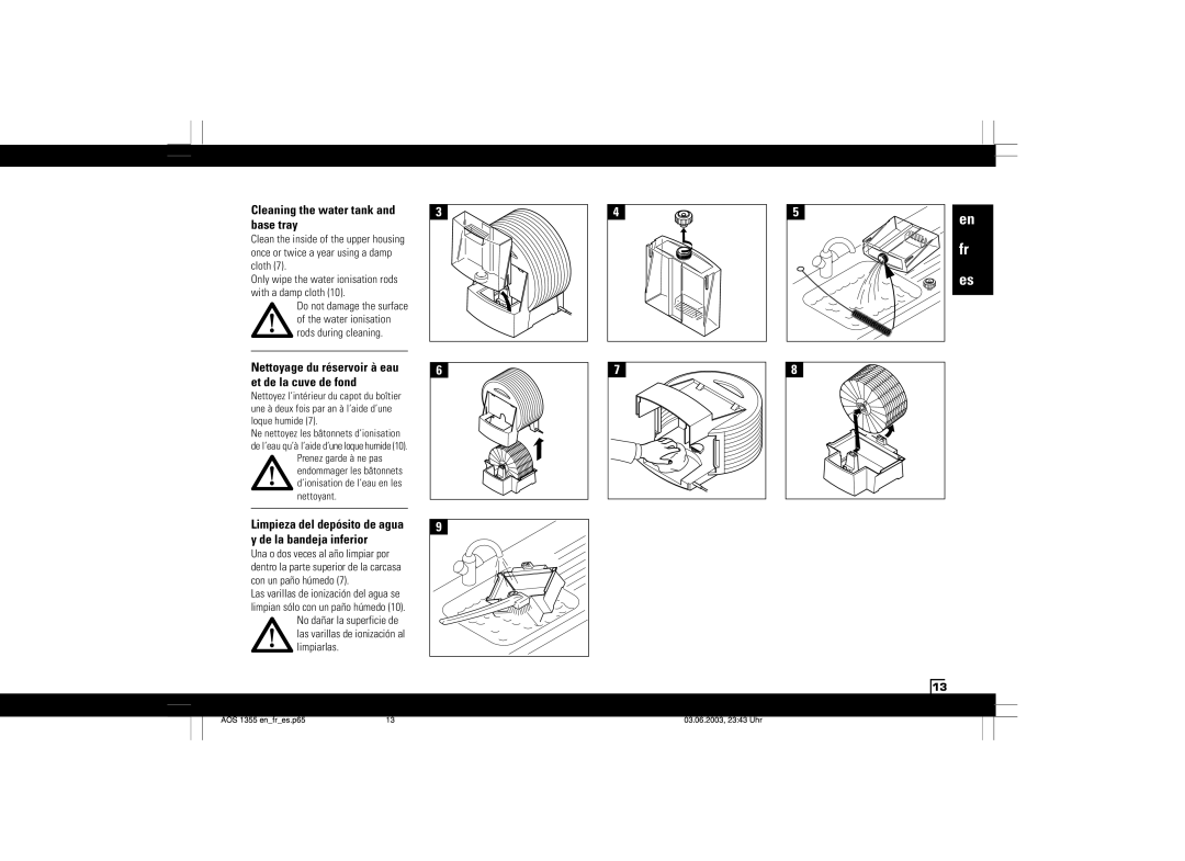 Air-O-Swiss AOS 1355N manual Cleaning the water tank and base tray, Limpieza del depósito de agua y de la bandeja inferior 