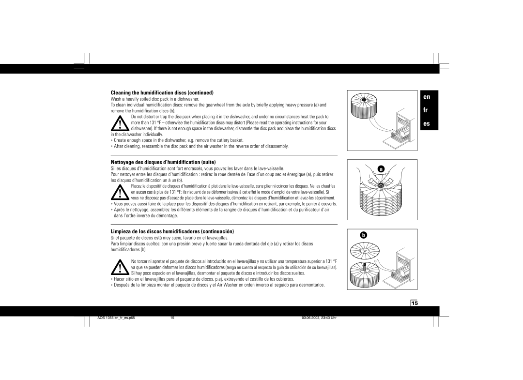 Air-O-Swiss AOS 1355N Nettoyage des disques d’humidification suite, Limpieza de los discos humidificadores continuación 