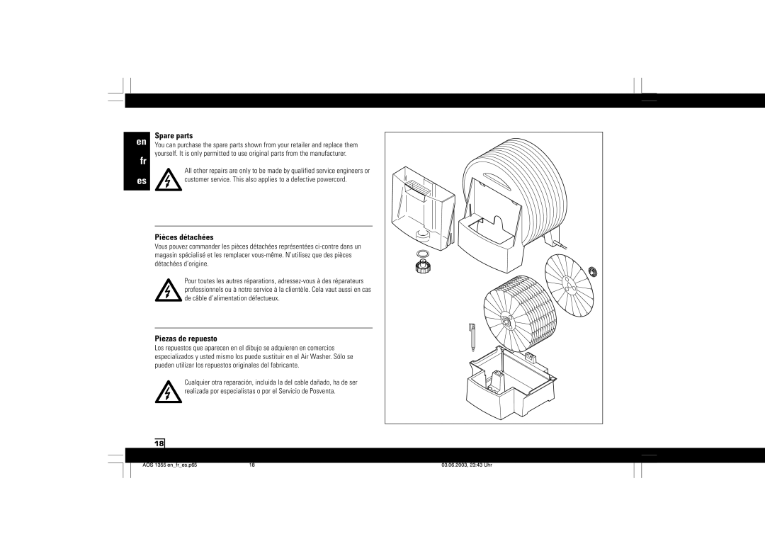 Air-O-Swiss AOS 1355N manual Spare parts, Pièces détachées, Piezas de repuesto 