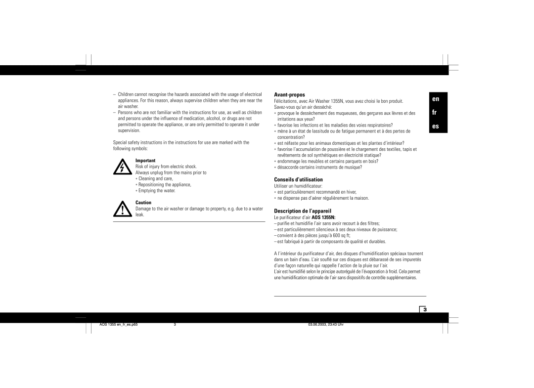 Air-O-Swiss AOS 1355N manual Avant-propos, Conseils d’utilisation, Description de l’appareil 