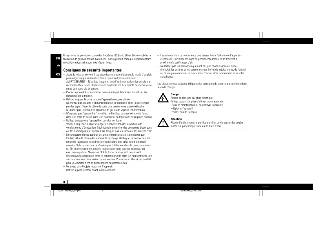 Air-O-Swiss AOS 1355N manual Consignes de sécurité importantes 