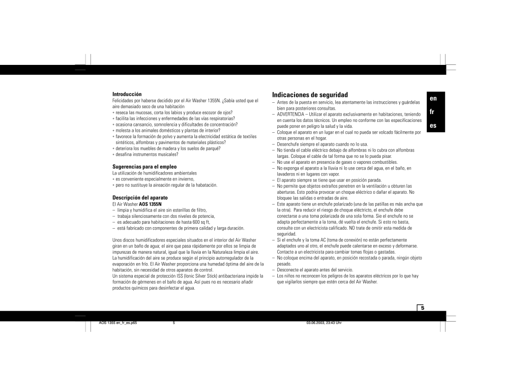 Air-O-Swiss AOS 1355N manual Indicaciones de seguridad, Introducción, Sugerencias para el empleo, Descripción del aparato 