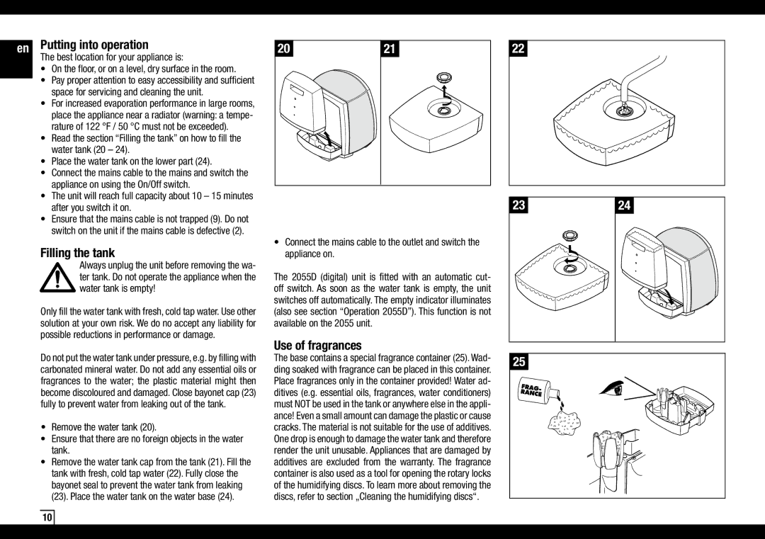 Air-O-Swiss AOS 2055 manual Putting into operation, Filling the tank, Use of fragrances 