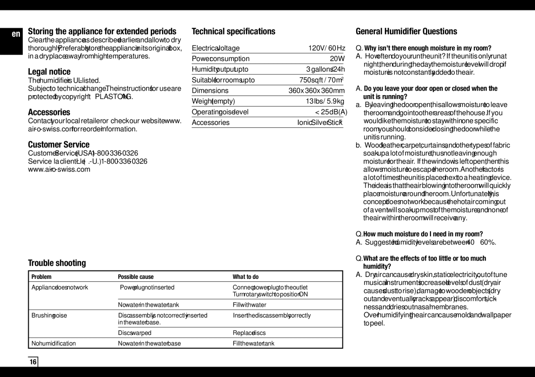 Air-O-Swiss AOS 2055 Legal notice, Accessories Technical specifications, General Humidifier Questions, Customer Service 