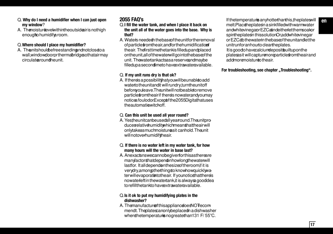 Air-O-Swiss AOS 2055 manual 2055 FAQ’s, If my unit runs dry is that ok?, Can this unit be used all year round? 