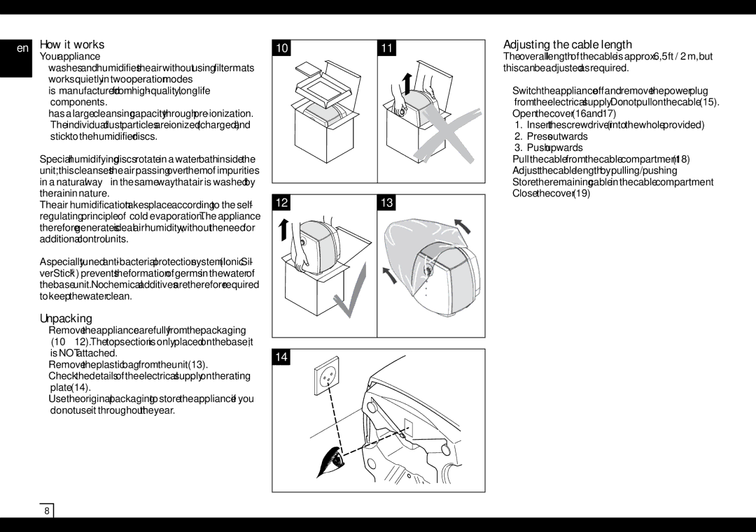 Air-O-Swiss AOS 2055 manual How it works, Unpacking, Adjusting the cable length 