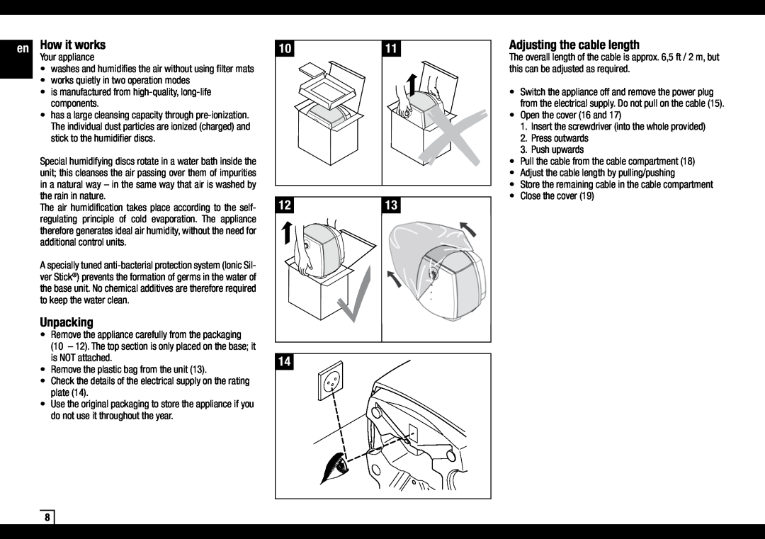Air-O-Swiss AOS 2055 manual How it works, Unpacking, Adjusting the cable length 