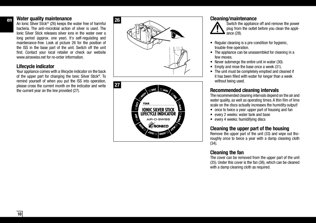 Air-O-Swiss AOS 2055D Water quality maintenance, Lifecycle indicator, Cleaning/maintenance, Recommended cleaning intervals 