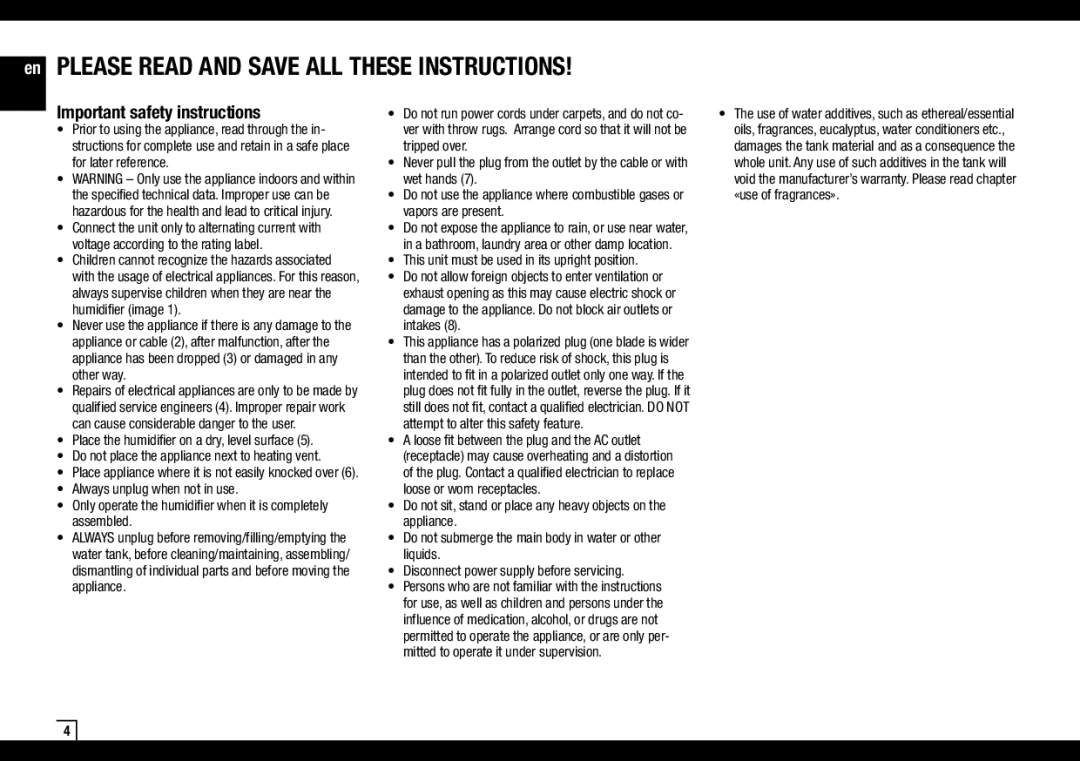 Air-O-Swiss AOS 2055D manual Important safety instructions, This unit must be used in its upright position 