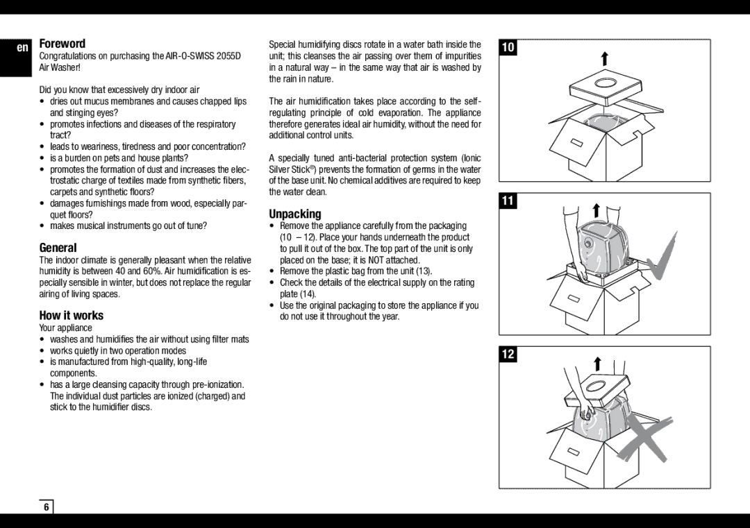 Air-O-Swiss AOS 2055D manual Foreword, General, How it works, Unpacking 