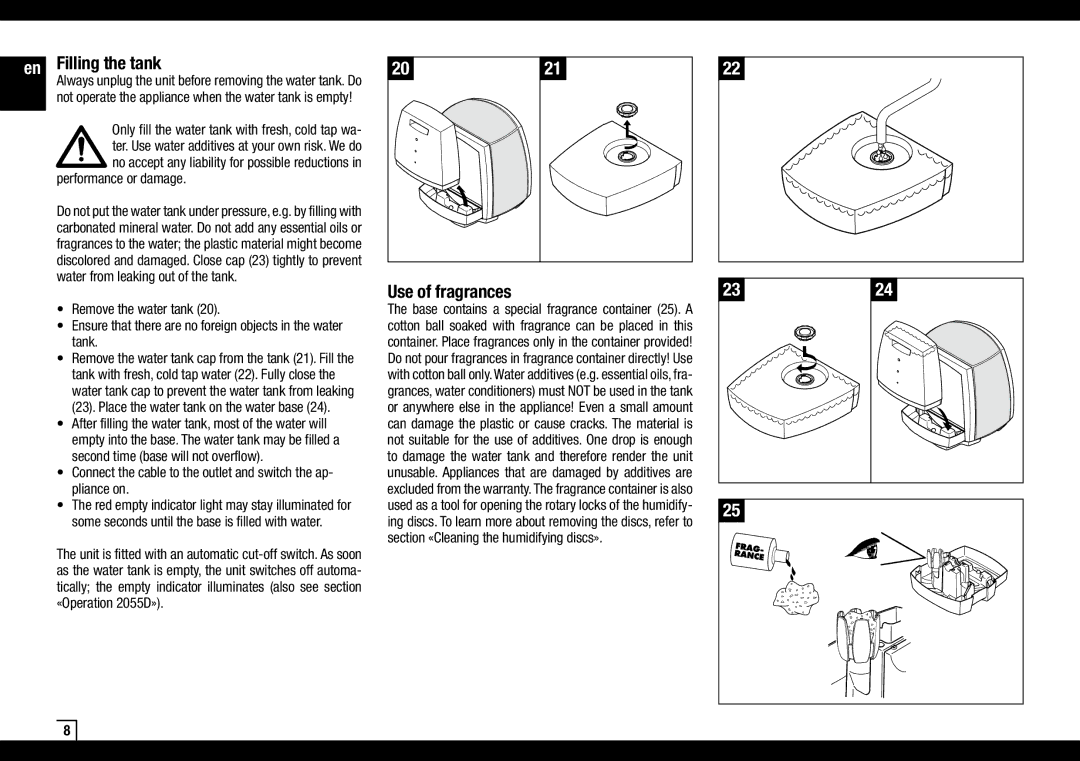 Air-O-Swiss AOS 2055D manual Filling the tank, Use of fragrances 