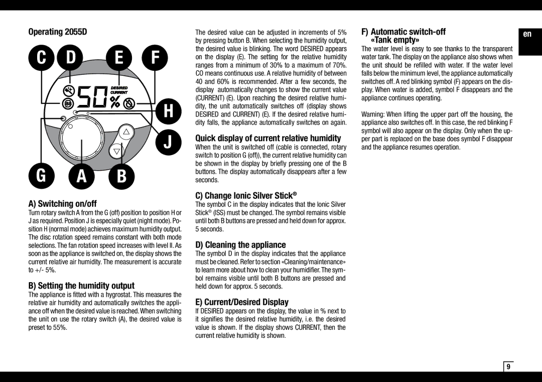 Air-O-Swiss AOS 2055D manual Operating 2055D, Switching on/off, Setting the humidity output, Change Ionic Silver Stick 