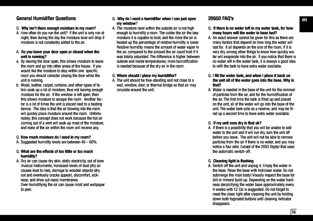 Air-O-Swiss AOS 2055D manual General Humidifier Questions, 2055D FAQ’s 