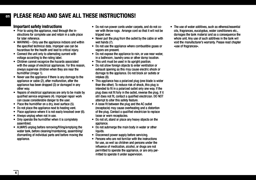 Air-O-Swiss AOS 2055D manual Important safety instructions, en PLEASE READ AND SAVE ALL THESE INSTRUCTIONS 