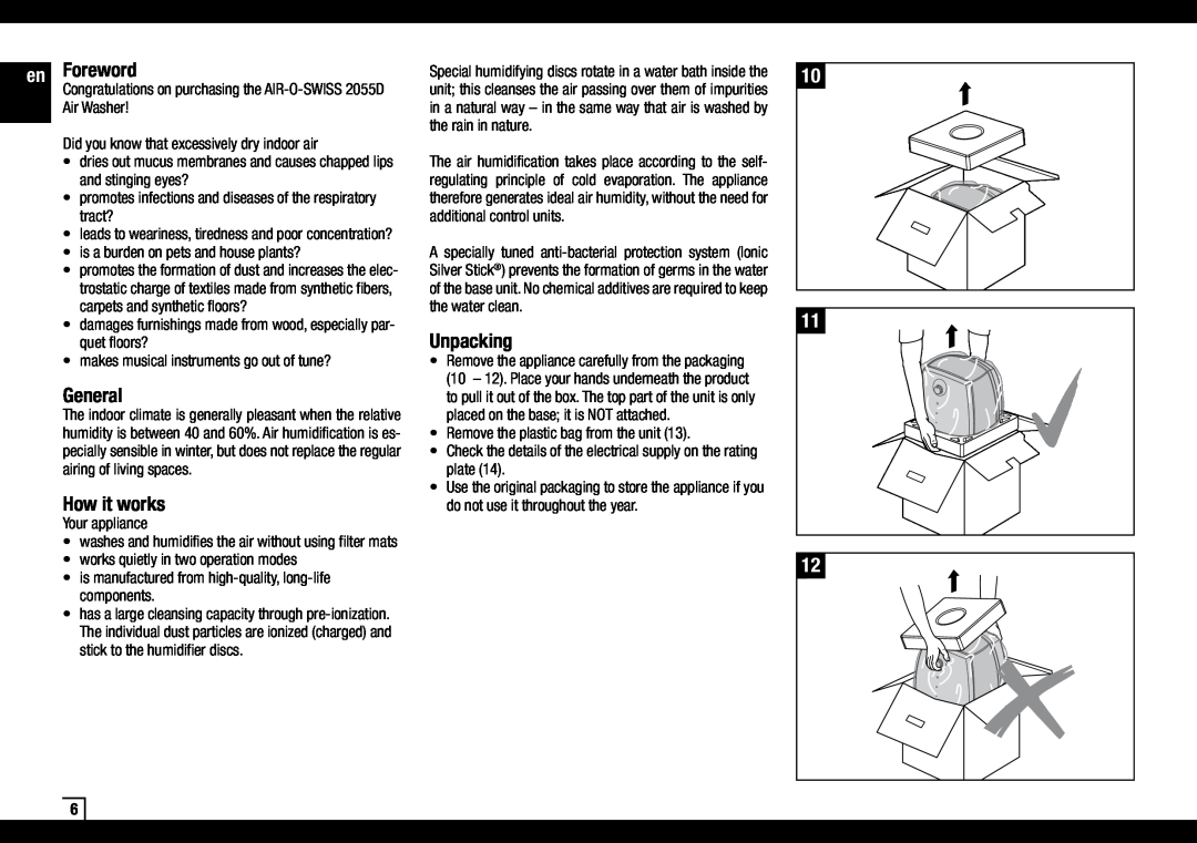 Air-O-Swiss AOS 2055D manual Foreword, General, How it works, Unpacking 