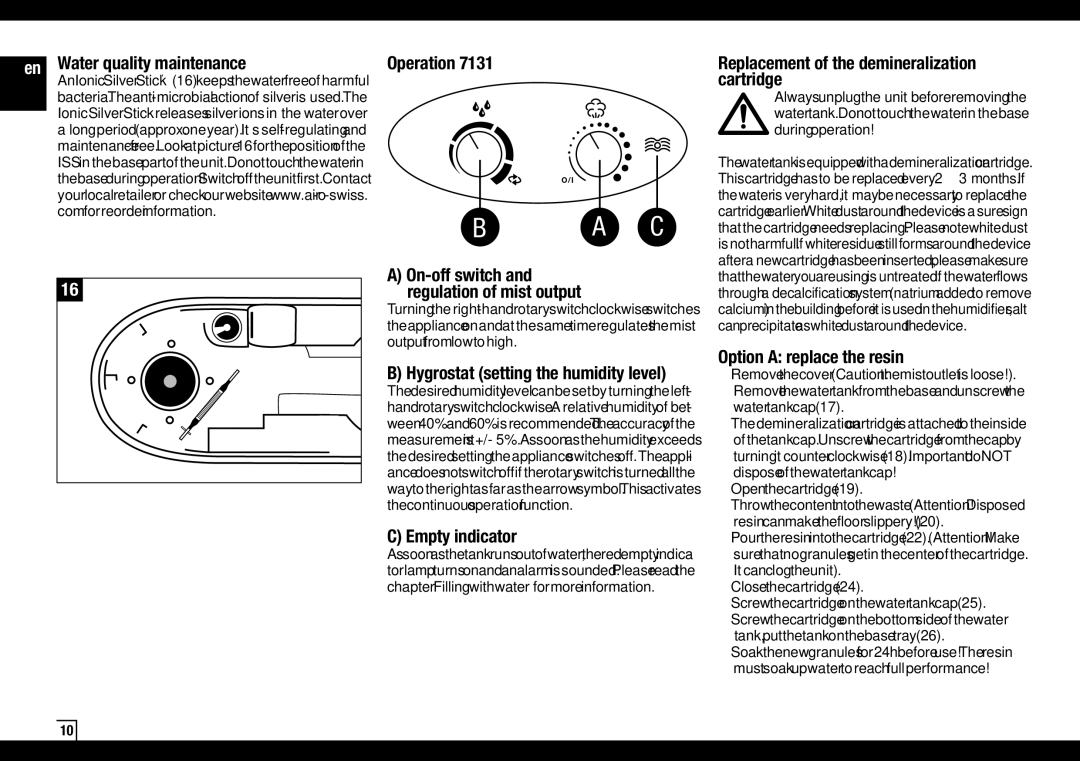 Air-O-Swiss AOS 7131 manual Water quality maintenance, Operation, Hygrostat setting the humidity level, Empty indicator 