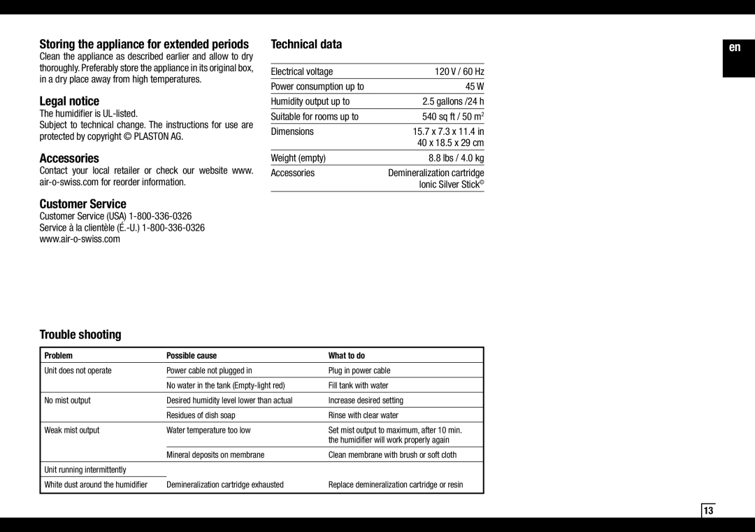 Air-O-Swiss AOS 7131 manual Storing the appliance for extended periods, Legal notice, Accessories Technical data 