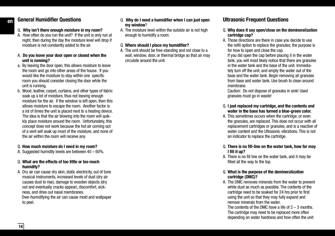 Air-O-Swiss AOS 7131 manual En General Humidifier Questions, Ultrasonic Frequent Questions 