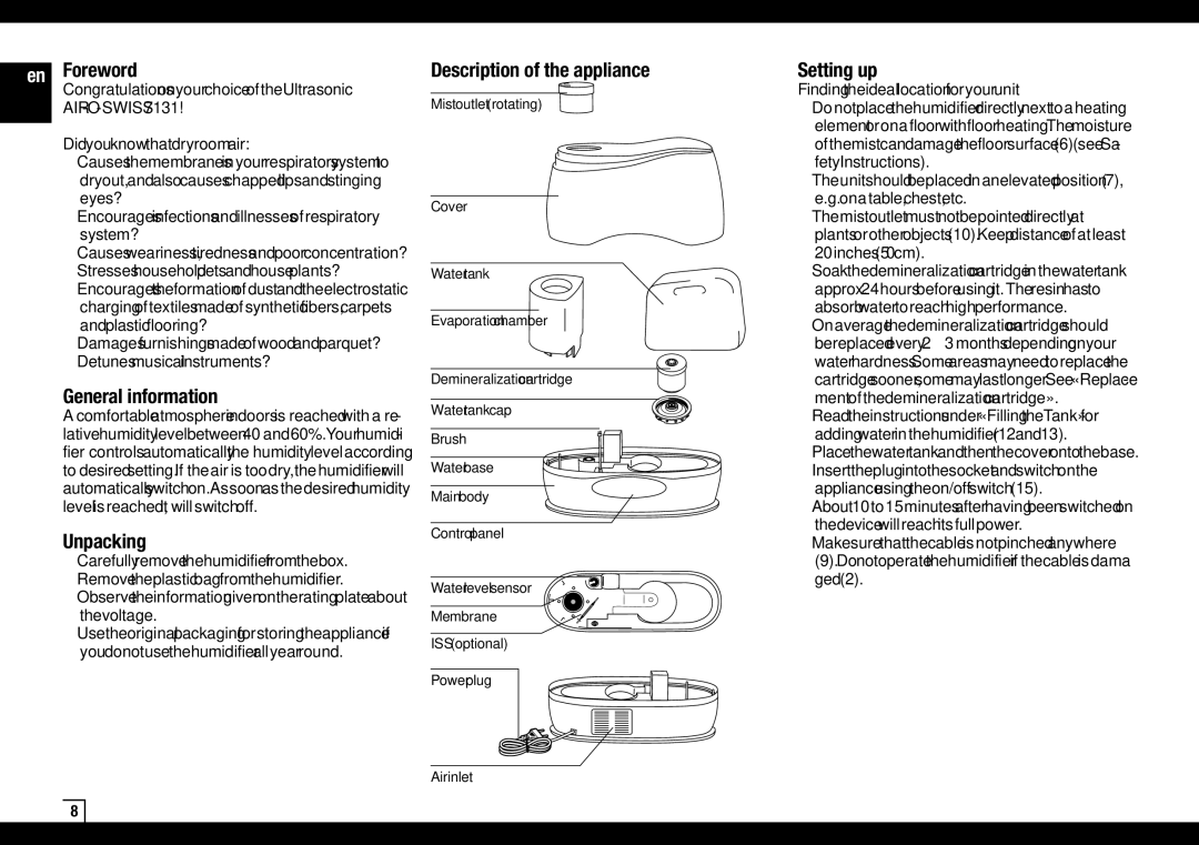 Air-O-Swiss AOS 7131 manual Foreword, General information, Unpacking, Description of the appliance, Setting up 