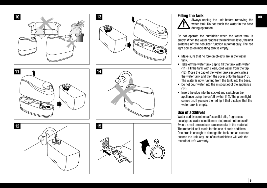 Air-O-Swiss AOS 7131 manual Filling the tank, Use of additives, During operation 