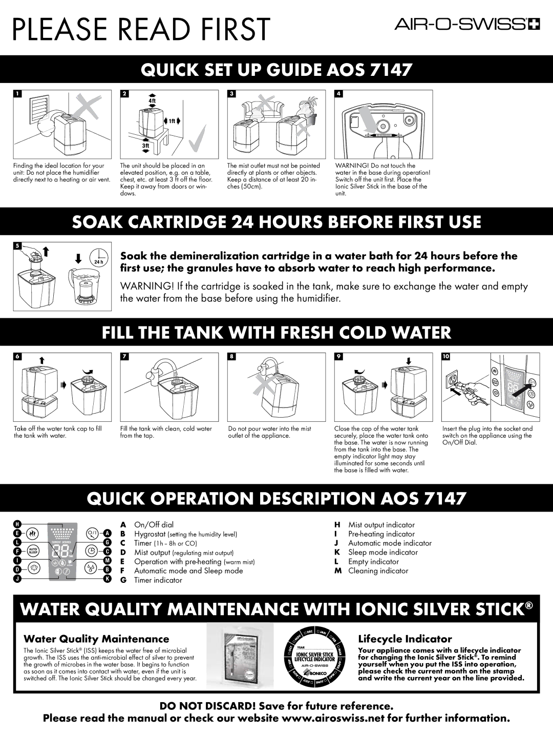 Air-O-Swiss AOS 7147 setup guide Please Read First, Quick SET UP Guide AOS, Soak Cartridge 24 Hours Before First USE 