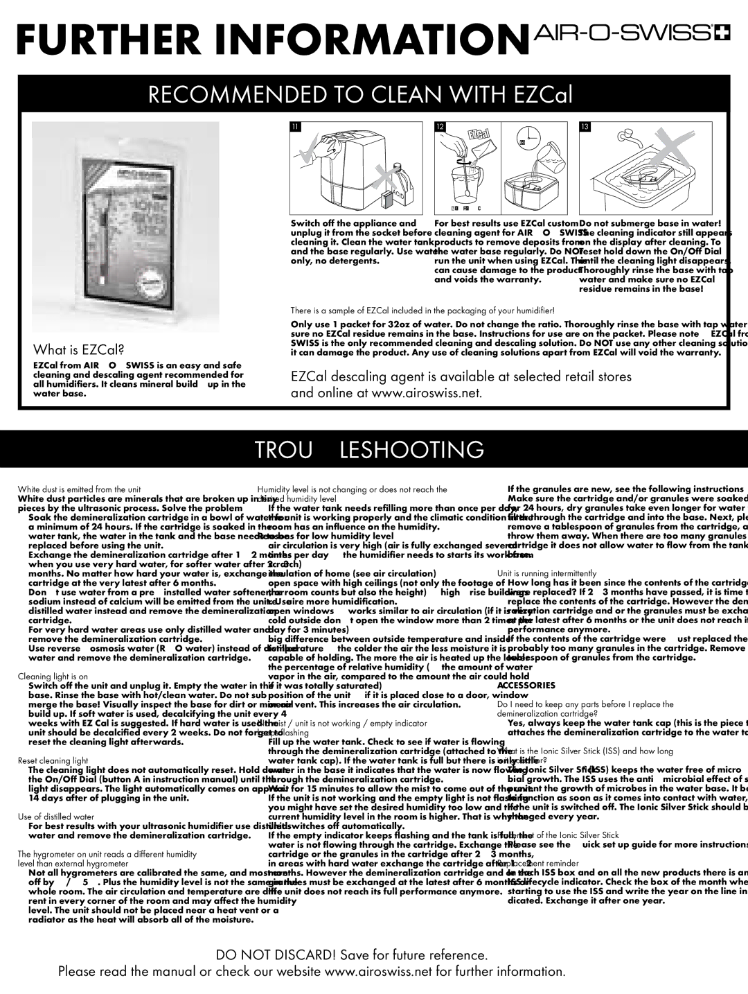 Air-O-Swiss AOS 7147 setup guide Further Information, Troubleshooting, What is EZCal? 