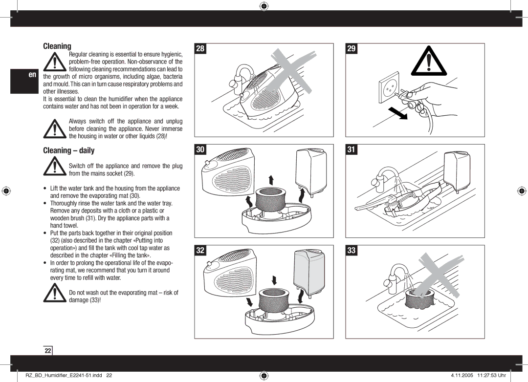 Air-O-Swiss AOS E2241, AOS E2251 manual Cleaning daily 