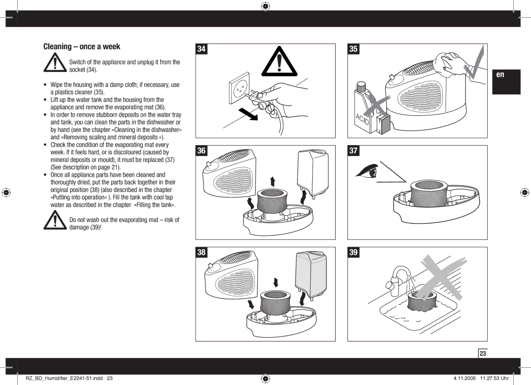 Air-O-Swiss AOS E2251, AOS E2241 manual Cleaning once a week, Socket, Damage 