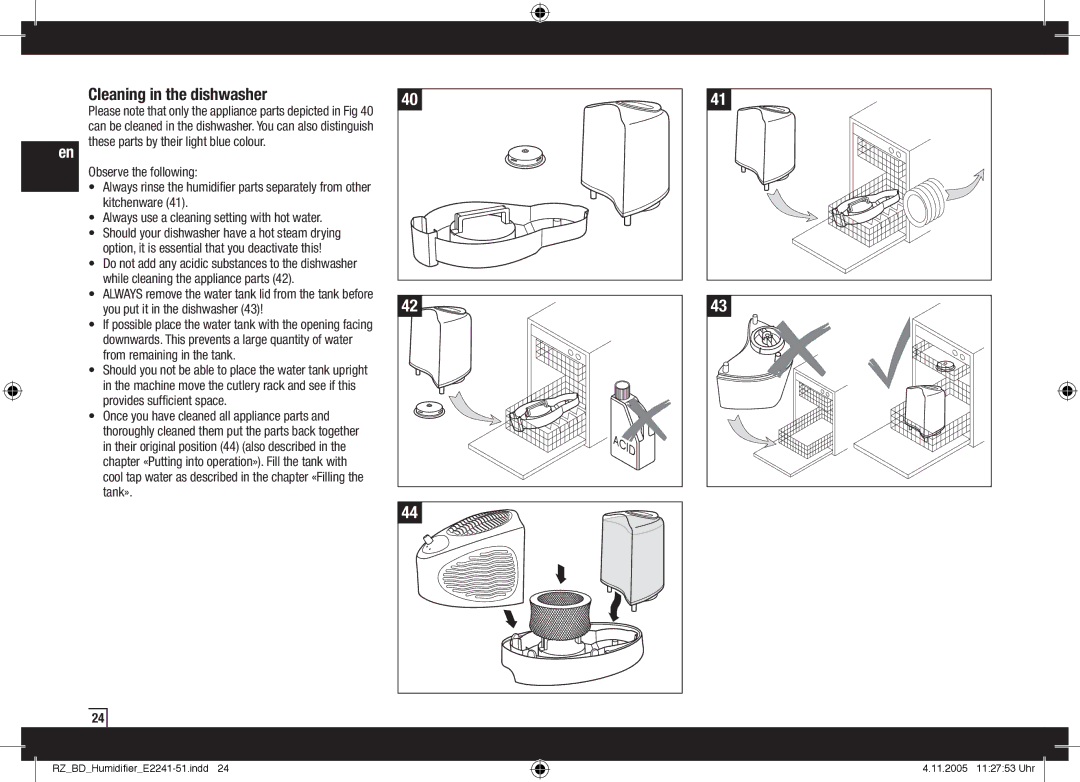 Air-O-Swiss AOS E2241, AOS E2251 manual Cleaning in the dishwasher 