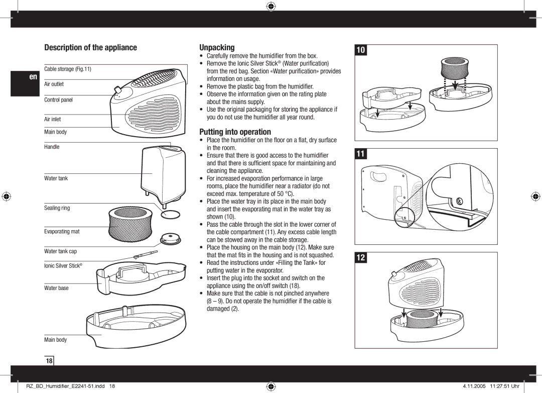 Air-O-Swiss AOS E2241, AOS E2251 manual Description of the appliance, Unpacking, Putting into operation 