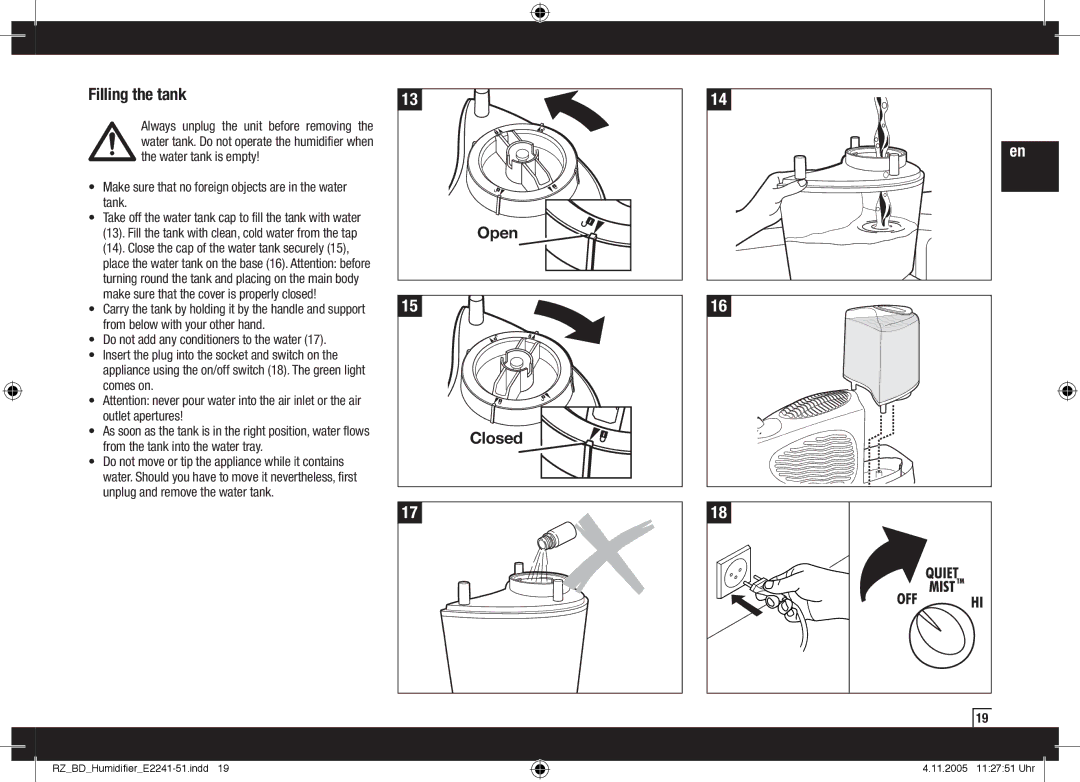 Air-O-Swiss AOS E2251, AOS E2241 manual Filling the tank, Make sure that no foreign objects are in the water tank 