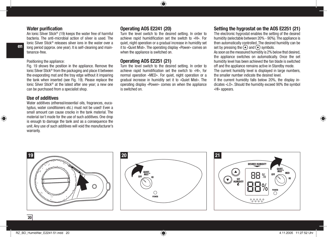 Air-O-Swiss manual Water purification, Use of additives, Operating AOS E2241, Operating AOS E2251 