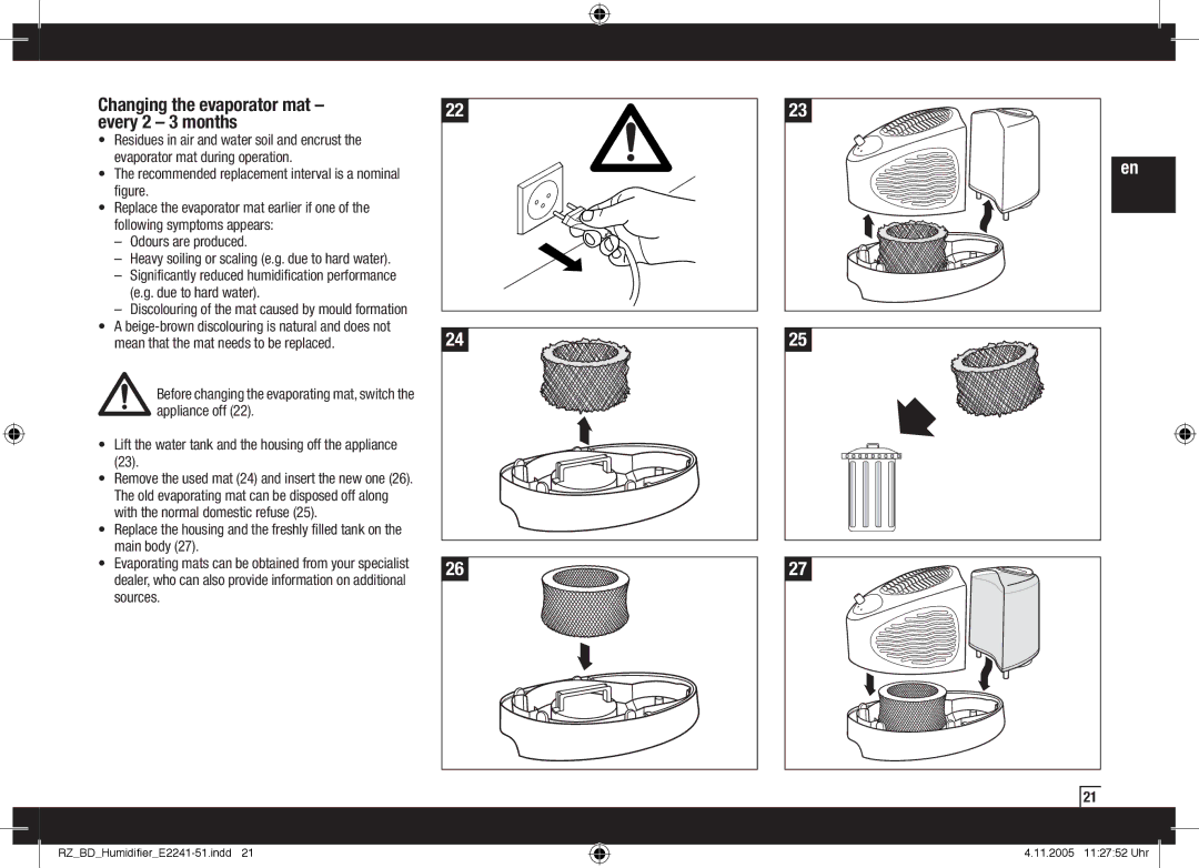 Air-O-Swiss AOS E2251, AOS E2241 manual Changing the evaporator mat  Every 2 3 months 