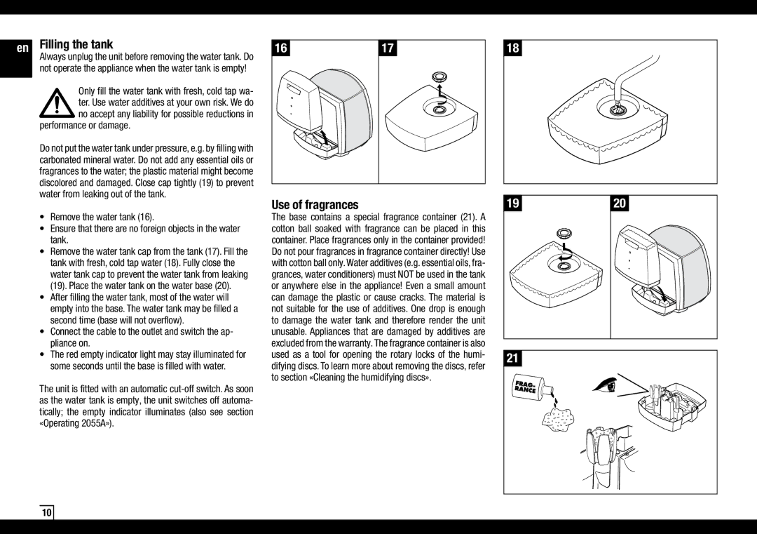 Air-O-Swiss AOS2055A manual Filling the tank, Use of fragrances 