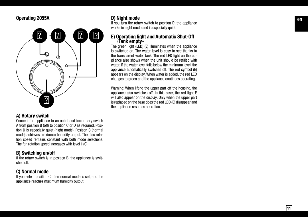 Air-O-Swiss AOS2055A manual Operating 2055A, Rotary switch, Switching on/off, Normal mode, Night mode 