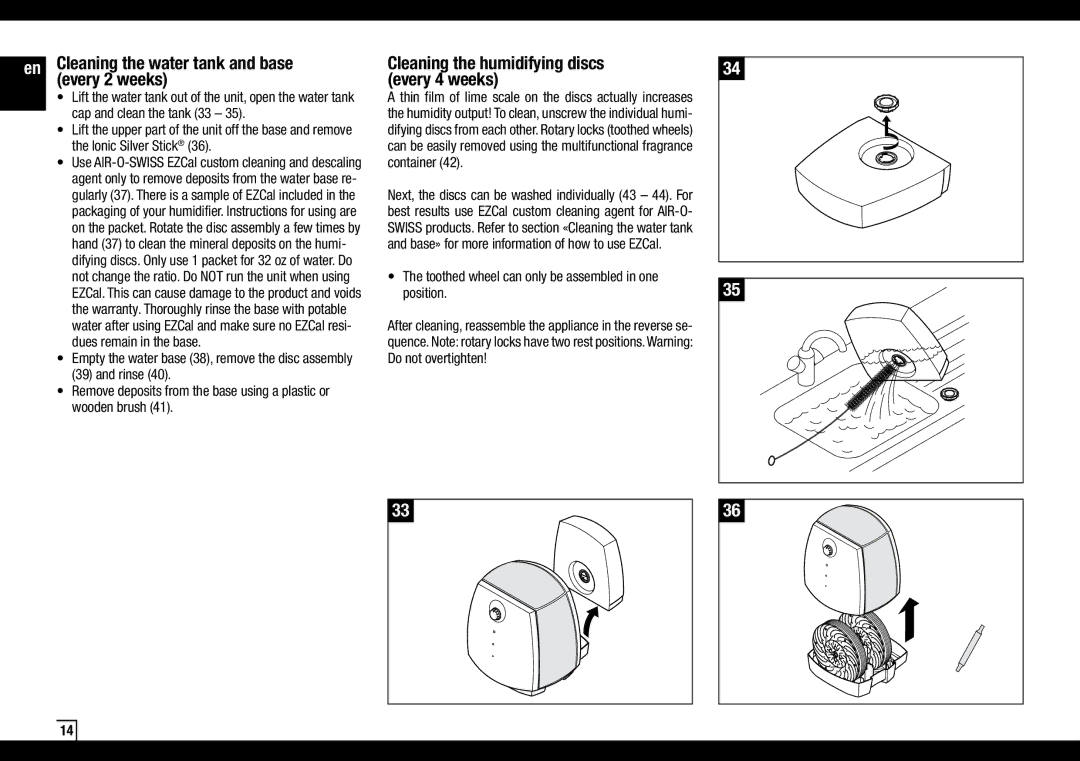 Air-O-Swiss AOS2055A manual Cleaning the water tank and base, Every 2 weeks, Cleaning the humidifying discs every 4 weeks 